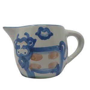 M A Hadley Pottery Blue Cow Creamer VTG Hand Painted Stoneware‎ Pitcher Signed